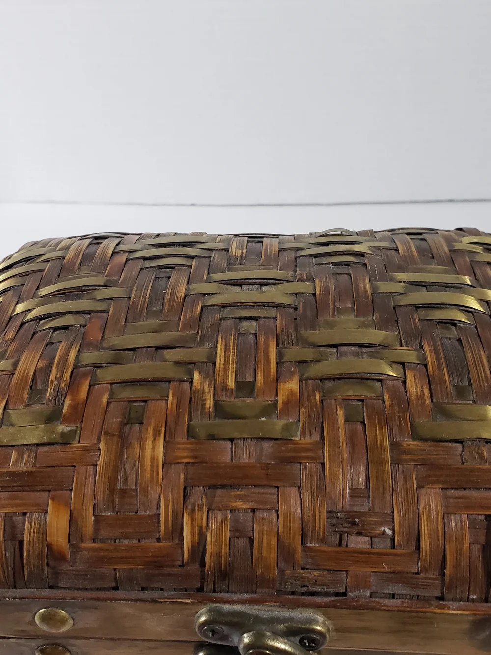 Vintage Woven Bamboo Basket Box Trunk Brass Trim Hardware Latch Boho Chest